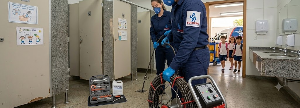 Profissional realizando Desentupimento e Manutenção Preventiva para Escolas, Colégios e Creches em Porto Belo