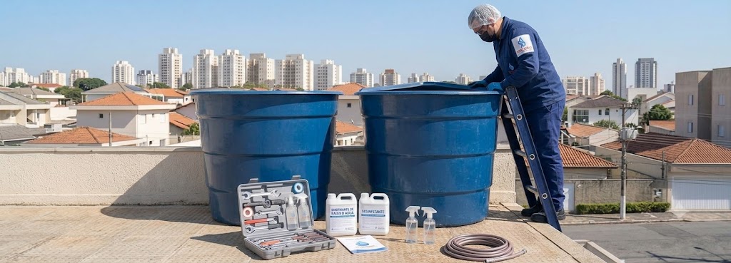 Profissional realizando Imunização e Desinfecção Bacteriológica de Caixas D'água em Porto Belo
